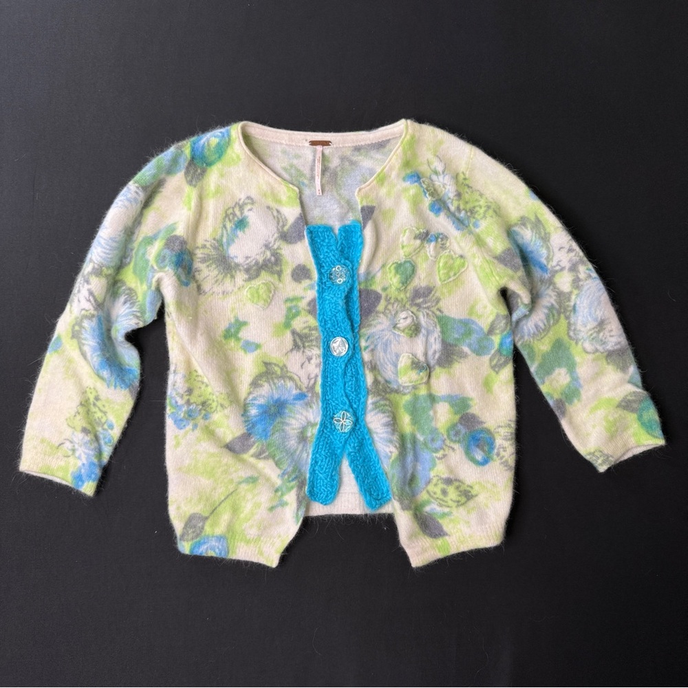 Free people floral cardigan wool angora blend with knit trim/S